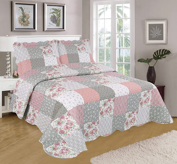 Plaid Checks 3 Piece Reversible Bedspread Quilt Bedding Set, Queen Size (Saz16) - Sazana