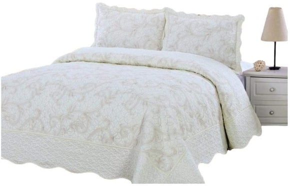 Quilt 3 Piece Bedding Bed Set/Bedspread/Embroidered with 2 Pillow Shams (Cream, California) - Sazana