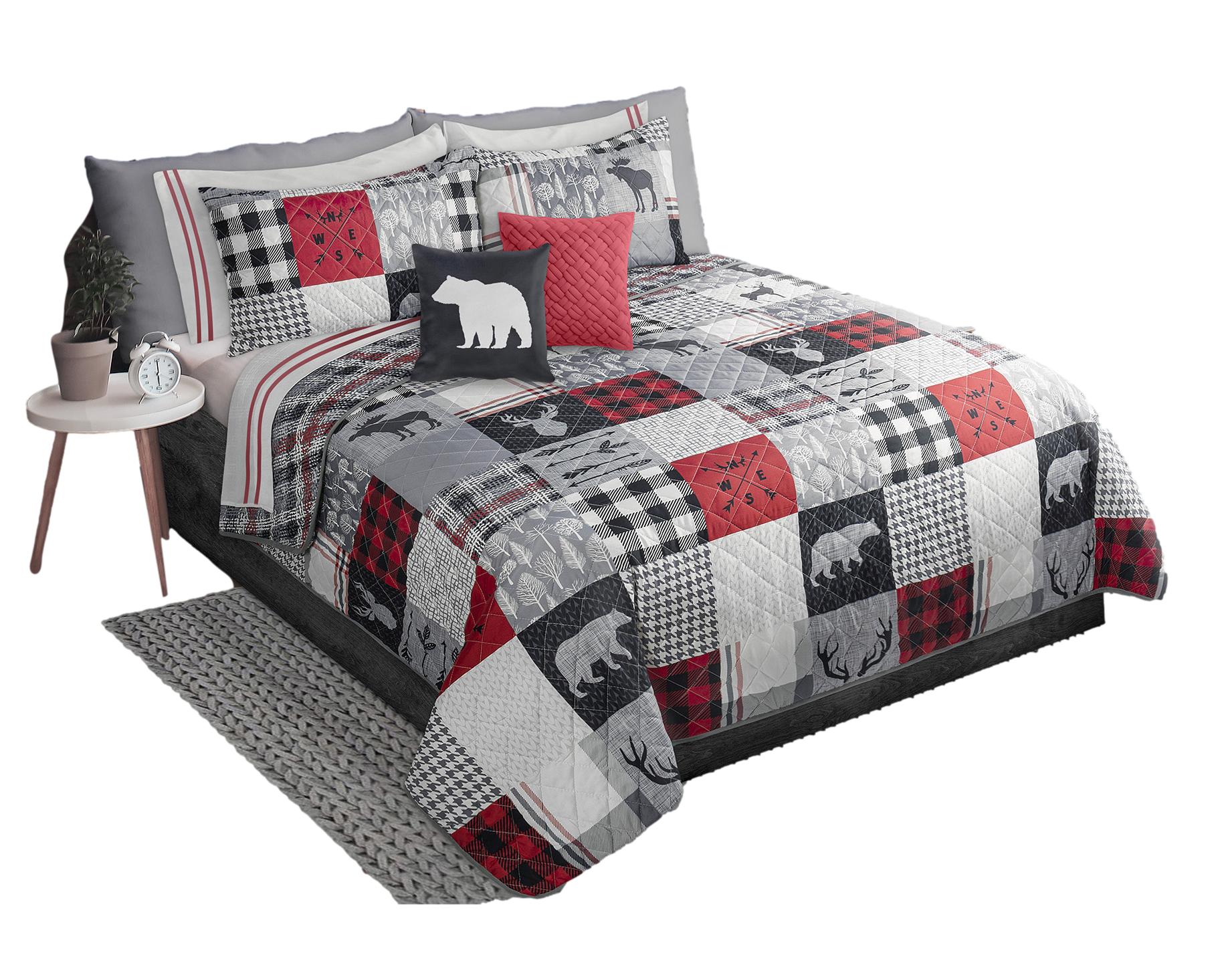 3-Piece Plaid Printed Reversible Bedspread Set – Queen/King Size Quilt Coverlet By JML