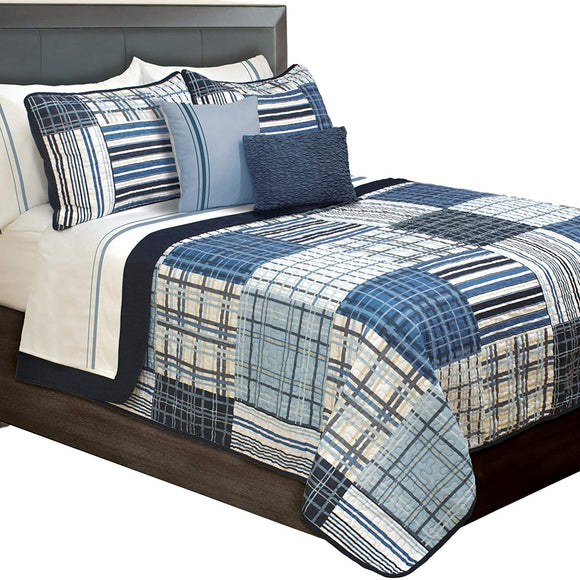 Duncan Plaid Printed Bedding 3 Piece/Bedspread Coverlet Quilt Set (Blue, King) - Sazana