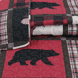 Quilt Plaid Printed Bedding 3 Piece Cottage Lodge Quilt Set, Red Reindeer - Sazana