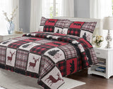 Quilt Plaid Printed Bedding 3 Piece Cottage Lodge Quilt Set, Red Reindeer - Sazana