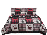 Quilt Plaid Printed Bedding 3 Piece Cottage Lodge Quilt Set, Red Reindeer - Sazana