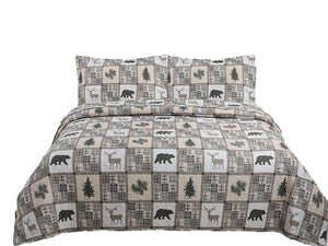 Quilt Plaid Reversible Lodge Cottage Printed Patch Bedding Coverlet 3 Piece Set, Black Bear - Sazana