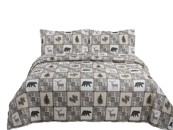 Quilt Plaid Reversible Lodge Cottage Printed Patch Bedding Coverlet 3 Piece Set, Black Bear - Sazana