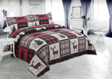 Quilt Plaid Printed Bedding 3 Piece Cottage Lodge Quilt Set, Red Reindeer - Sazana