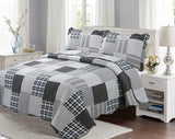 Plaid Printed Bedding 3 Piece Bedspread Quilt Set Grey Plaid King Queen Twin - Sazana