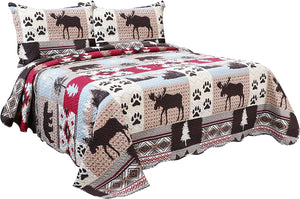 Quilt Plaid Reversible Lodge Cottage Printed Patch Bedding Coverlet 3 Piece Set - Sazana