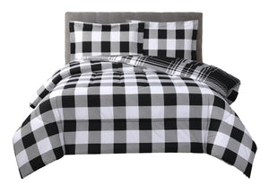 Plaid Comforter 3 Piece Queen Reversible Buffalo Bedding Set Cabin Cottage Lodge, White and Black - Sazana