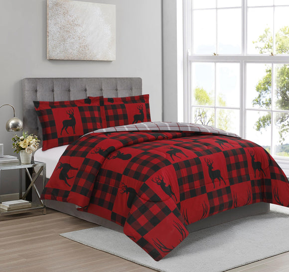 Plaid Comforter 3 Piece Queen Reversible Buffalo Bedding Set Cabin Cottage Lodge, Red and Black - Sazana
