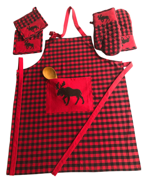 Buffalo Moose Apron 5 Piece Set with 2 Pot Holder and 2 Oven Mitt 100% Cotton Hand Woven Kitchen Linen - Sazana