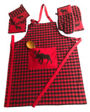 Buffalo Moose Apron 5 Piece Set with 2 Pot Holder and 2 Oven Mitt 100% Cotton Hand Woven Kitchen Linen - Sazana