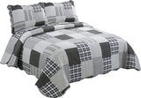 Plaid Printed Bedding 3 Piece Bedspread Quilt Set Grey Plaid King Queen Twin - Sazana